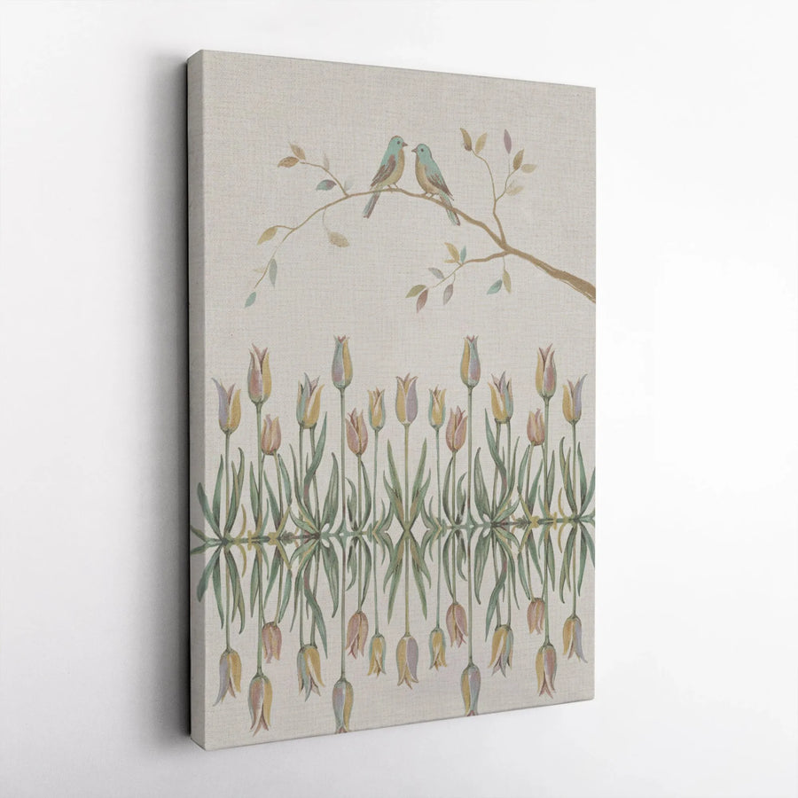 Bird and Tulip Floral Canvas Print | Botanical Reflection Wall Art | 1.25-Inch Gallery Wrap | Premium Nature Home Decor Gift