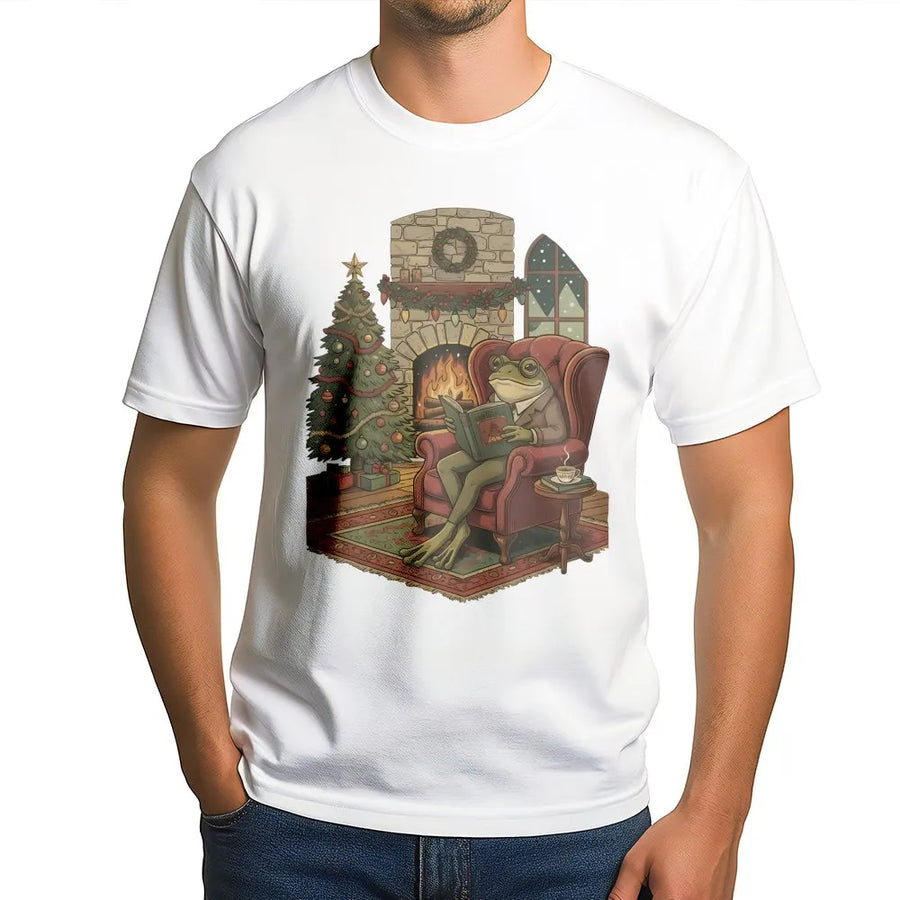 Cozy Christmas Frog T-Shirt | Book Reading Toad Design | Premium Cotton Graphic Tee | Funny Holiday Gift for Book Lovers and Readers
