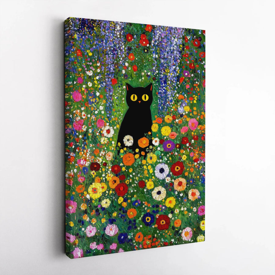 Klimt Style Black Cat Canvas Wall Art | Vibrant Floral Meadow Painting Print | Premium Thick Gallery Wrap | Unique Home Decor Gift for Cat Lover