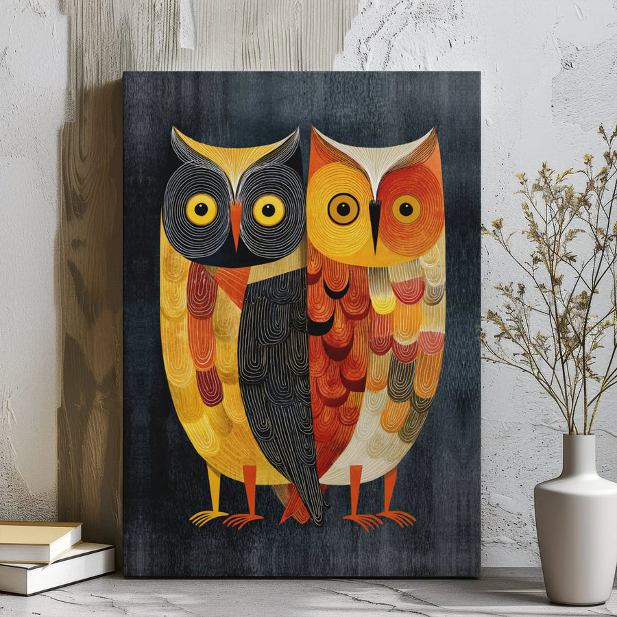 Owl Couple Canvas Wall Art | Mid Century Modern Folk Art Print | Premium 1.25" Gallery Wrap | Nature Lover Home Decor Gift