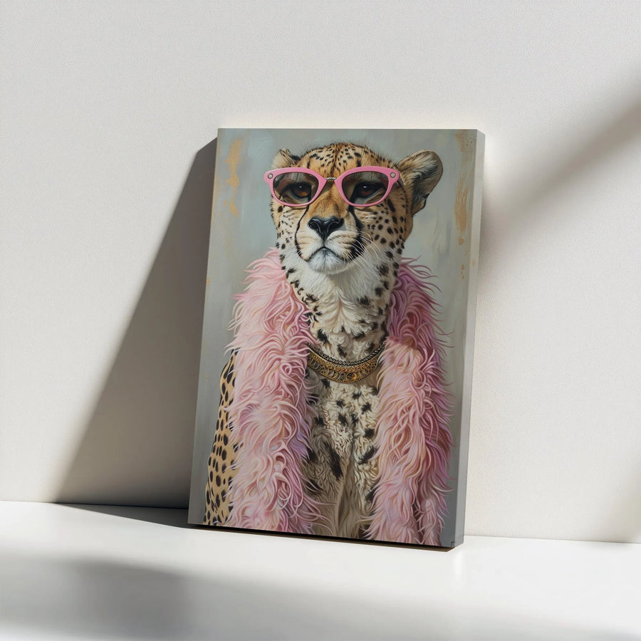 Fashion Cheetah Canvas Wall Art | Pink Sunglasses & Feather Boa Portrait | Premium Gallery Wrapped Print | Gift for Eclectic Home Decor