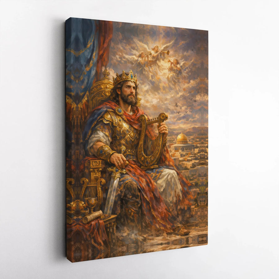 King David Canvas Wall Art | David Playing Harp on Throne Print | Premium Christian Art | Religious Home Decor Gift for Men
