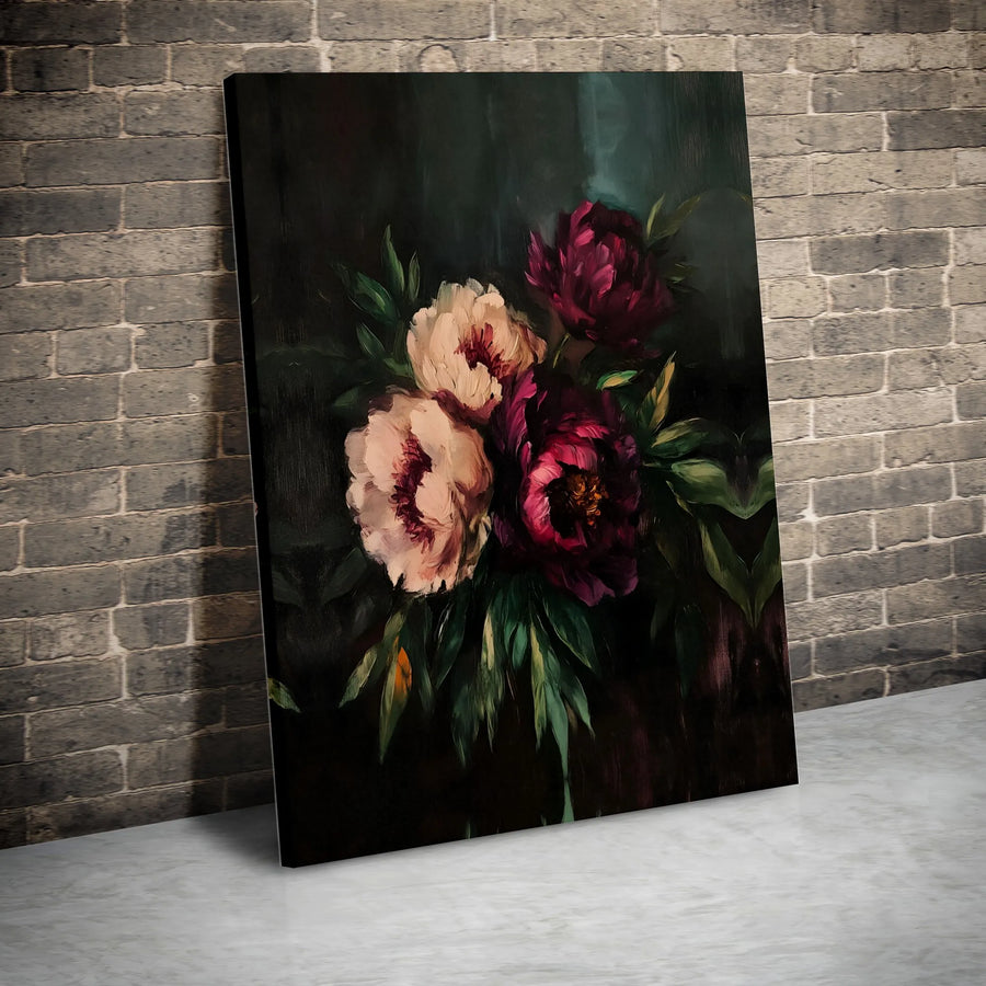 Dark Moody Floral Peonies Canvas Print | Oil Painting Style Wall Art | Premium 1.25-Inch Gallery Wrap | Elegant Home Decor Gift