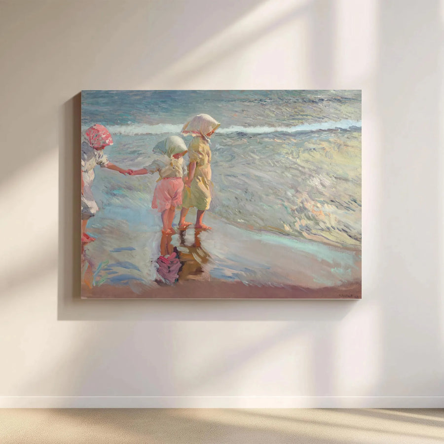 Vintage Beach Scene Canvas Print | Impressionist Painting of Children by the Sea | Premium Fade-Resistant Print | Coastal Home Decor Gift