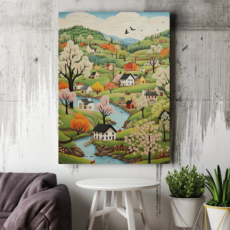 Folk Art Village Canvas Print | Whimsical Countryside Landscape | Premium Gallery Wrapped Wall Art | Modern Farmhouse Home Decor Gift