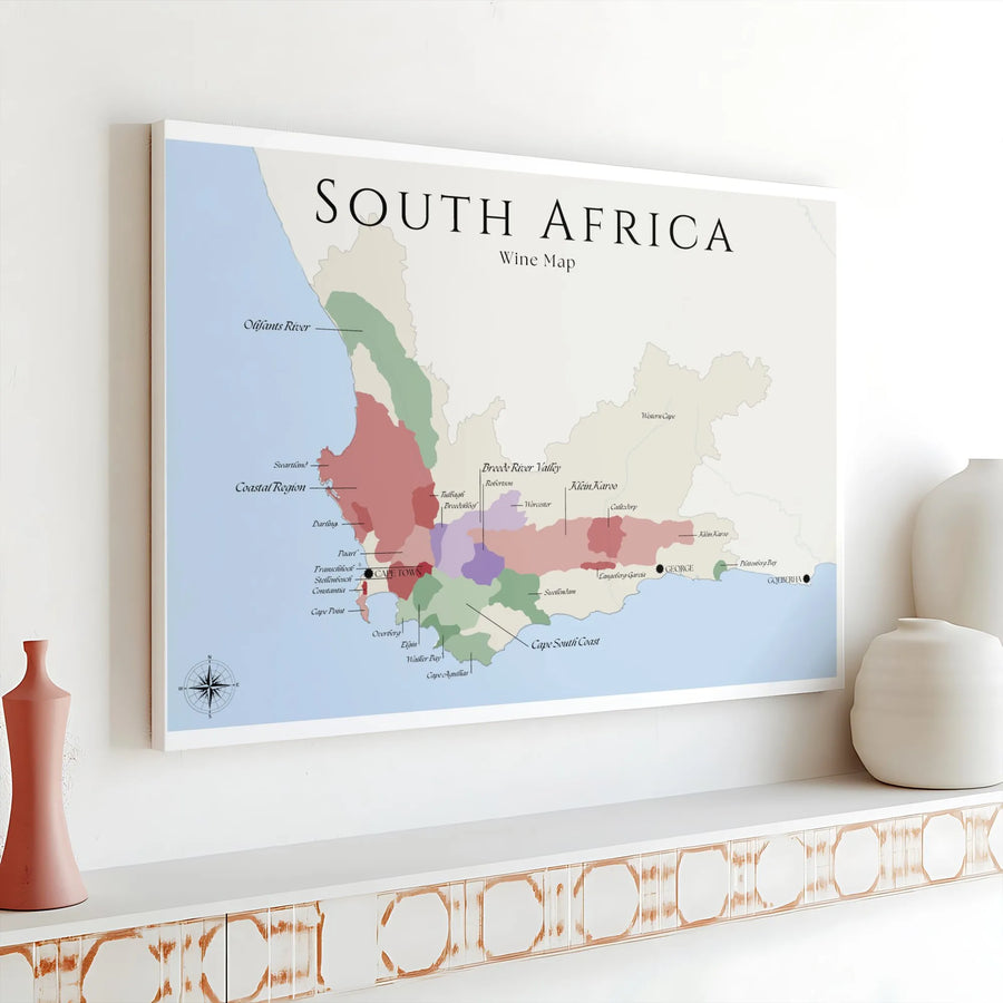 South Africa Wine Map Canvas | Detailed Viticulture Regions Chart | Premium Gallery Wrap Wall Art | Gift for Wine Connoisseurs & Travelers