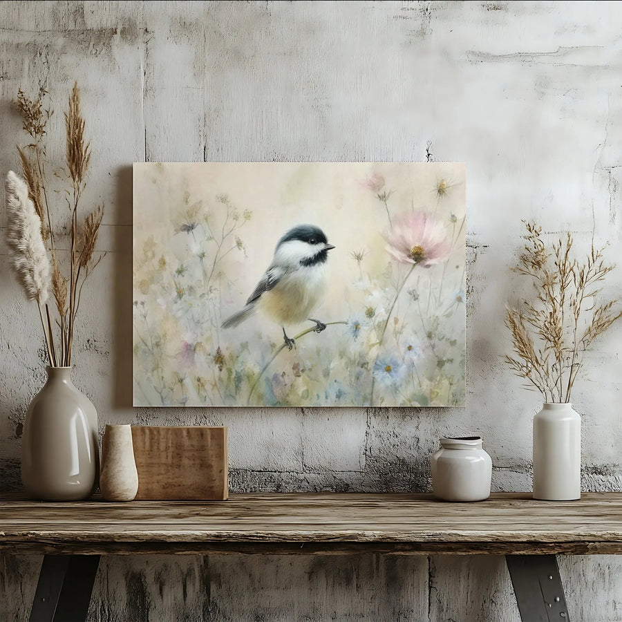 Chickadee Canvas Wall Art | Watercolor Painting of Chickadee in Wildflowers | Premium Gallery Wrap Canvas | Gift for Bird Lover & Farmhouse Decor