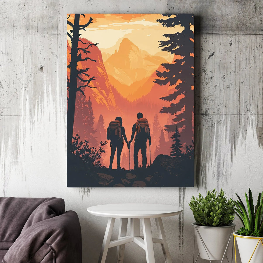 Hiking Couple Sunset Wall Art | Mountain Forest Silhouette Landscape | Premium Gallery-Wrapped Canvas | Adventure Gift for Couples and Hikers