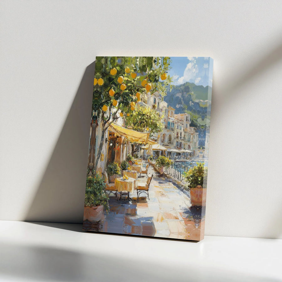 Italian Coast Canvas Wall Art | Impressionist Lemon Tree Cafe Painting | Thick Gallery Wrap Print | Premium Living Room Decor Gift