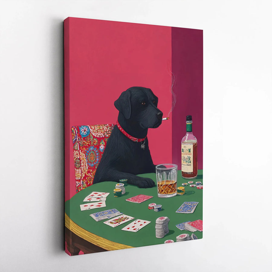 Black Lab Playing Poker Vertical Canvas | Funny Smoking Dog with Whiskey | Premium High-Resolution Wall Art | Man Cave Decor Collector's Gift for Poker Player
