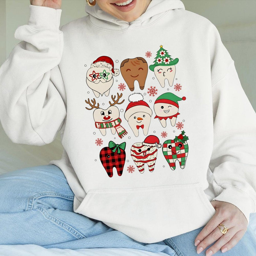 Christmas Dental Hoodie | Cute Holiday Tooth Graphic Design | Premium Cotton Blend | Funny Dentist Hygienist Gift For Dental Office Staff