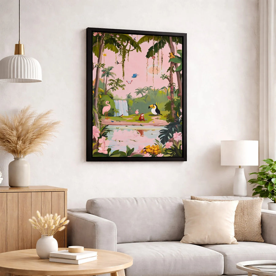 Whimsical Jungle Animal Canvas Wall Art | Pink Flamingo Toucan Monkey Print | Gallery Quality Premium Decor | Nursery And Tropical Living Room Gift