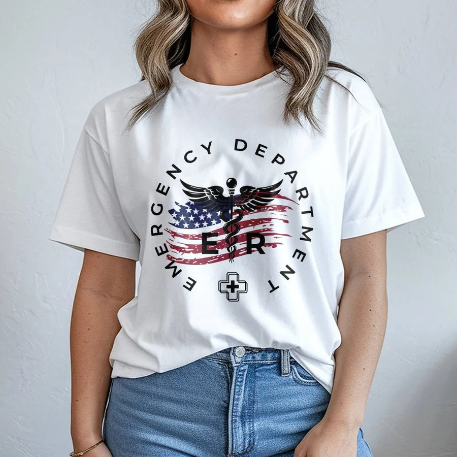 ER Nurse T-Shirt | Patriotic American Flag Caduceus Emblem | Soft Breathable Cotton | Premium Gift for Emergency Room Staff and RNs