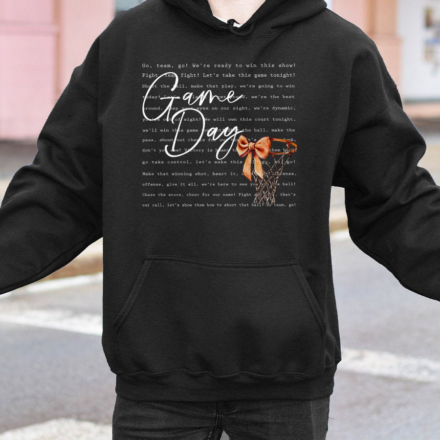 Game Day Basketball Hoodie | Coquette Bow Basketball Hoop Graphic | Premium Cotton Blend Unisex Sweatshirt | Basketball Mom Gift Apparel