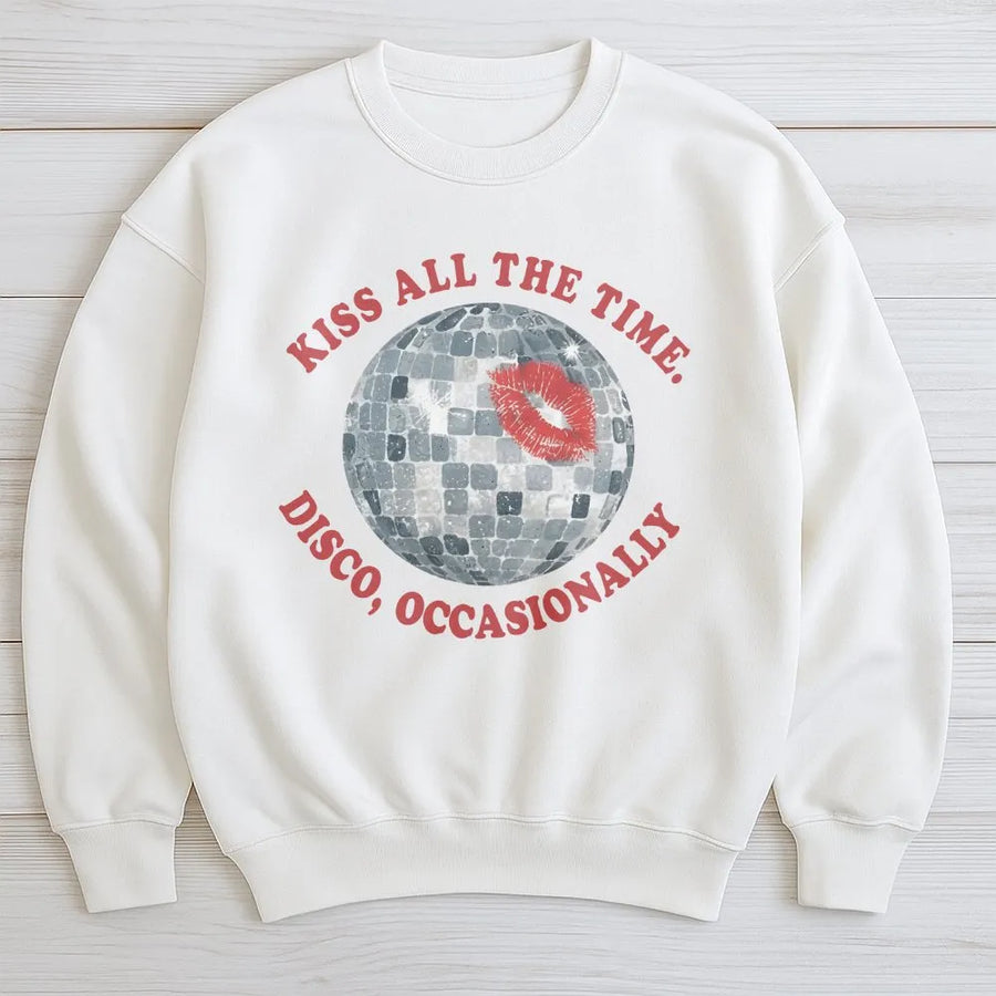 Retro Disco Ball Sweatshirt | Kiss All The Time Graphic | Soft Cotton Crewneck | Y2K Concert Gift for Women