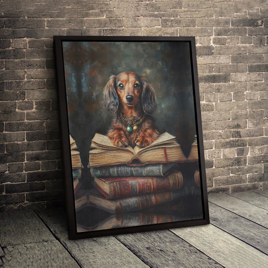Dachshund Dog Portrait Canvas | Vintage Academic Library Painting | Premium 1.25-Inch Gallery Wrap | Cute Dog Lover Wall Art Gift