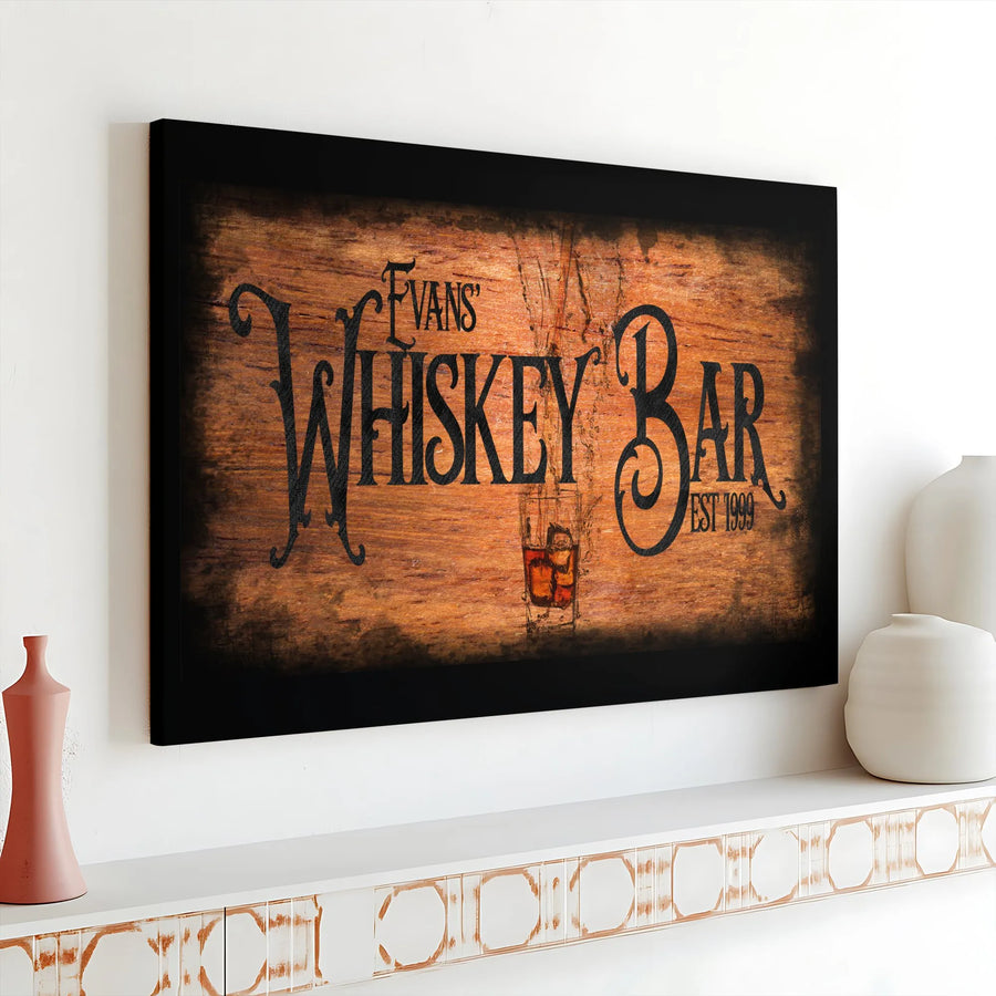 Whiskey Bar Sign Canvas Wall Art | Rustic Wood Print Design | Gallery Quality Canvas | Man Cave & Home Bar Decor Gift for Him