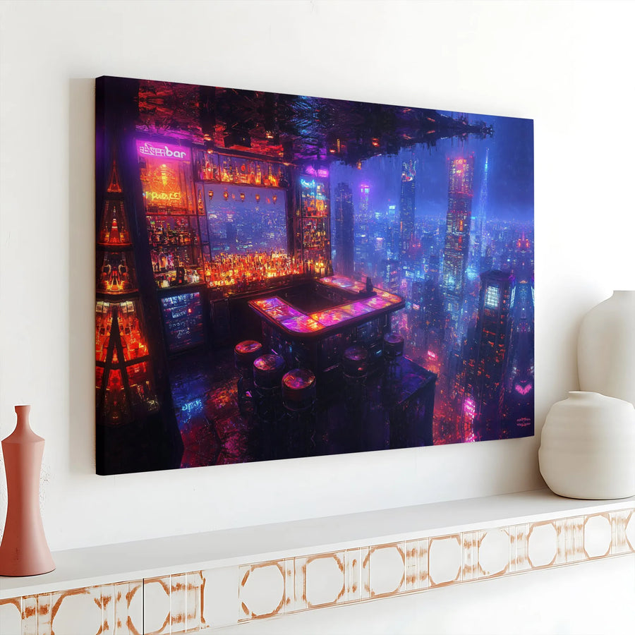Cyberpunk Cityscape Canvas Art | Futuristic Neon Nightlife Bar Wall Decor | Premium 1.25" Gallery Wrap | Industrial Sci-Fi Gift for Gamers