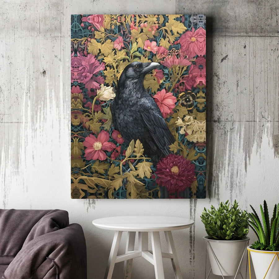 Black Raven Canvas Wall Art | Gothic Vintage Floral Botanical Print | 1.25" Premium Gallery Wrapped Decor | Moody Dark Academia Home Gift