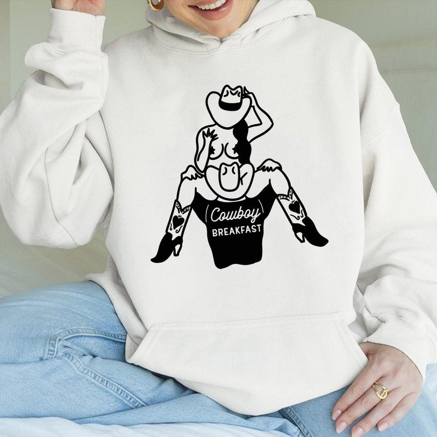 Cowboy Breakfast Hoodie | Retro Western Cowgirl Pinup Graphic | Premium Cotton Blend | Funny Rodeo Humor Gift for Her and Him