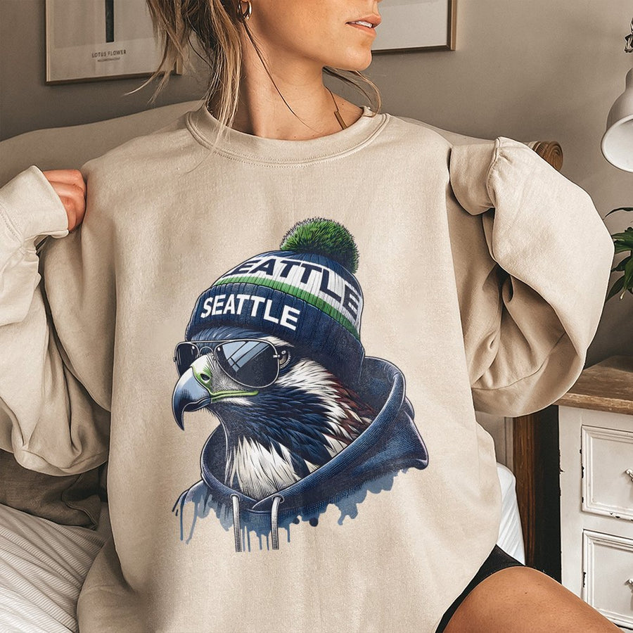 Seattle Seahawk Wearing Beanie And Sunglasses Sweatshirt