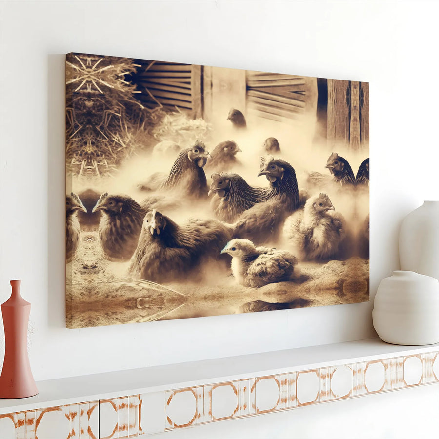 Farmhouse Chicken Canvas Wall Art | Sepia Tone Dust Bath Photography | Premium Gallery Wrap Print | Rustic Country Kitchen Decor Gift