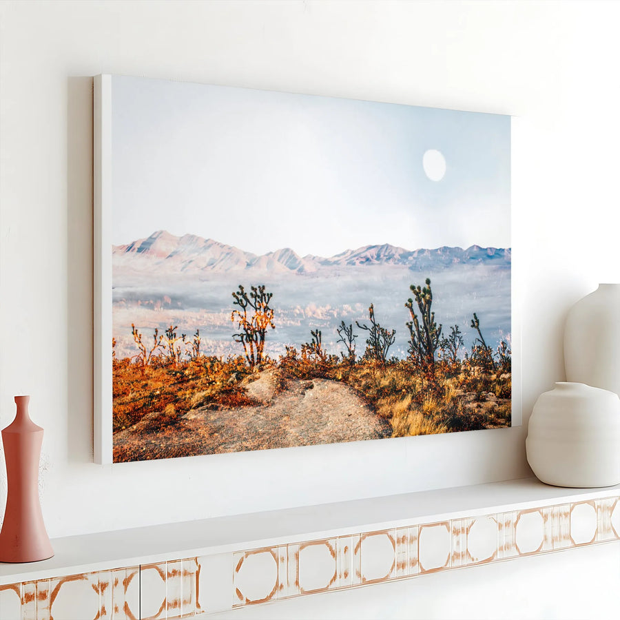 Desert Landscape Canvas Art | Misty Mountain & Joshua Tree View | Premium Gallery Canvas Print | Southwestern Boho Wall Decor Gift