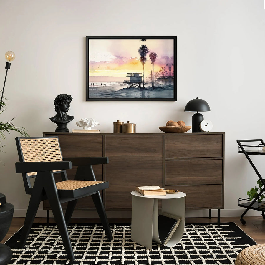 Beach Sunset Canvas Wall Art | Watercolor Palm Tree Lifeguard Tower Print | 1.25-inch Premium Gallery Wrap | Coastal Home Decor Gift for Beach Lovers