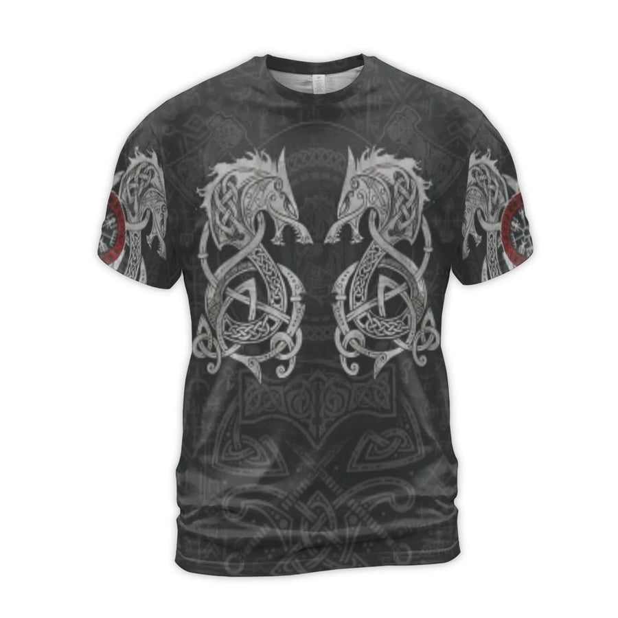 Viking Wolf T-Shirt | Celtic Knotwork & Runes All-Over Print | Premium Soft Stretch Jersey | Norse Mythology Gift For Men & Women