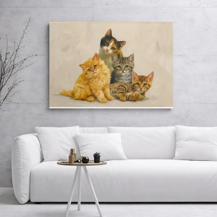 Four Kittens Wall Art | Oil Painting Style Animal Portrait | Gallery Wrap Premium Canvas | Cute Cat Lover Gift Home Decor