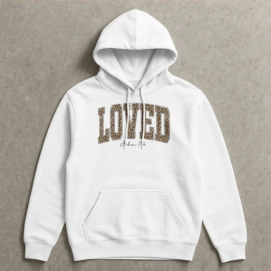 Loved John 3 16 Hoodie | Leopard Print Christian Aesthetic | Premium Cotton Blend | Faith Based Gift for Women and Teens