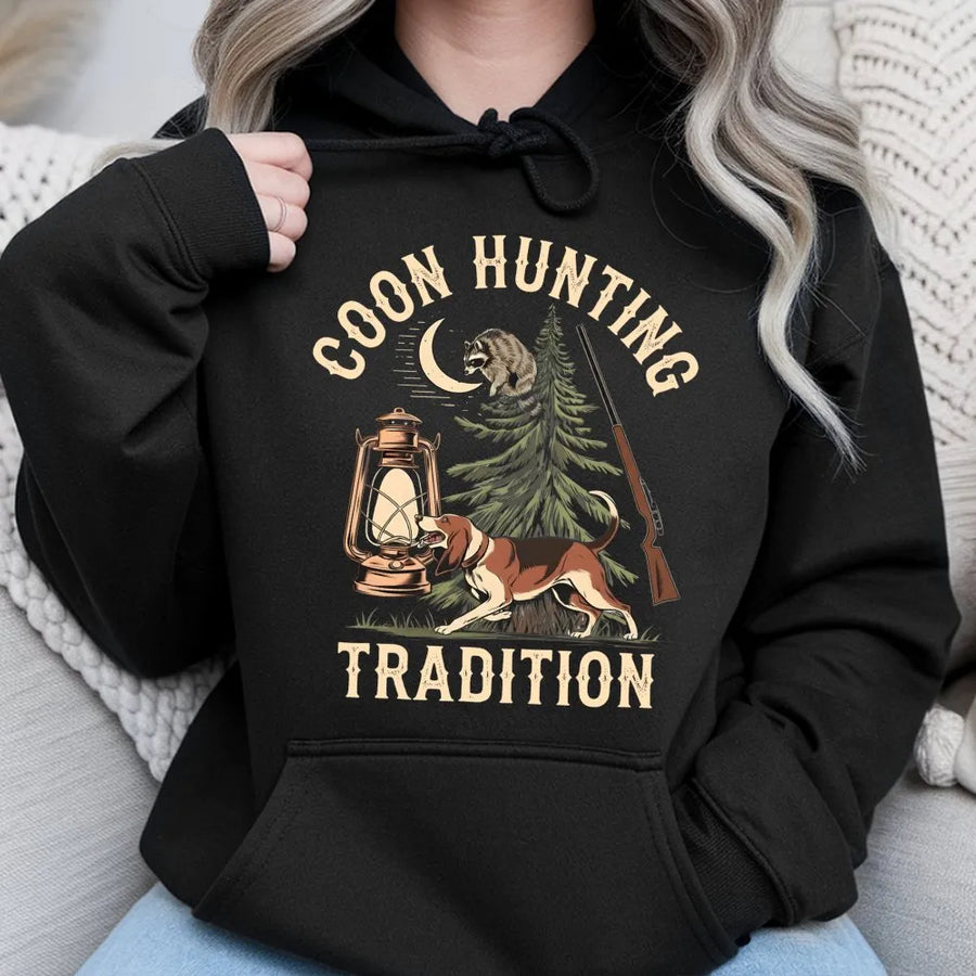 Coon Hunting Hoodie | Vintage Dog and Lantern Graphic | Premium Cotton Blend | Gift for Hunters and Outdoorsmen