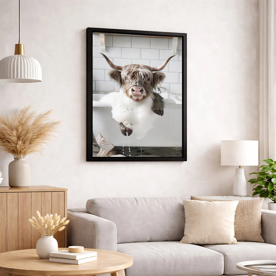 Highland Cow Bathing Wall Art | Funny Farmhouse Animal in Bathtub | Premium 1.25" Thick Canvas Print | Cute Bathroom Decor for Home Gift