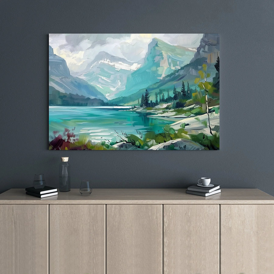 Mountain Lake Canvas Print | Impressionist Alpine Landscape | 1.25 Inch Gallery Wrap | Nature Wall Art for Modern Home Decor