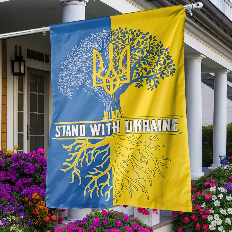 Ukraine Flag House Banner | Tree Of Life & Trident Design | Premium Weather-Resistant Polyester | Patriotic Outdoor Yard Garden Decor Gift