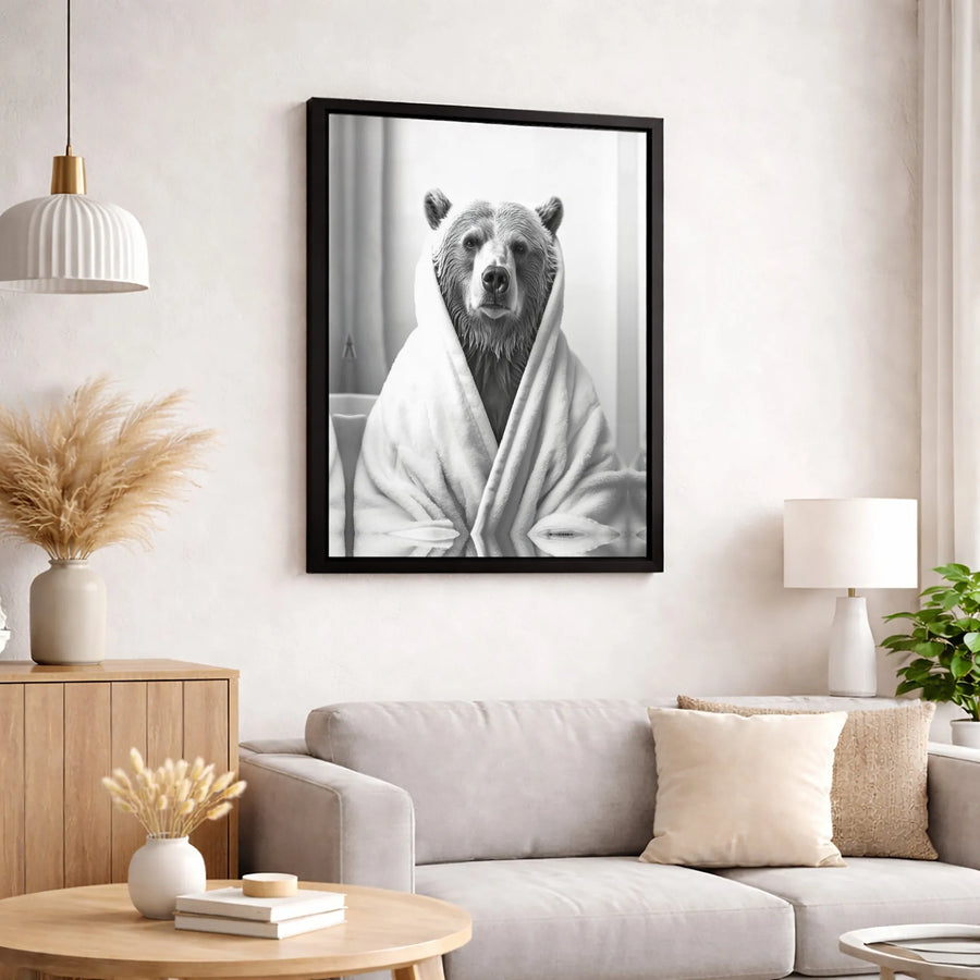 Grizzly Bear in Towel Canvas Print | Funny Bathroom Wall Art | 1.25-inch Premium Gallery Wrap | Whimsical Animal Home Decor Gift
