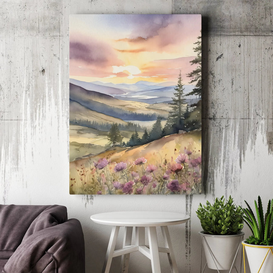 Watercolor Mountain Landscape Canvas | Sunset Wildflower Meadow Wall Art | Gallery Quality 1.25” Deep Frame | Nature Decor Gift for Home