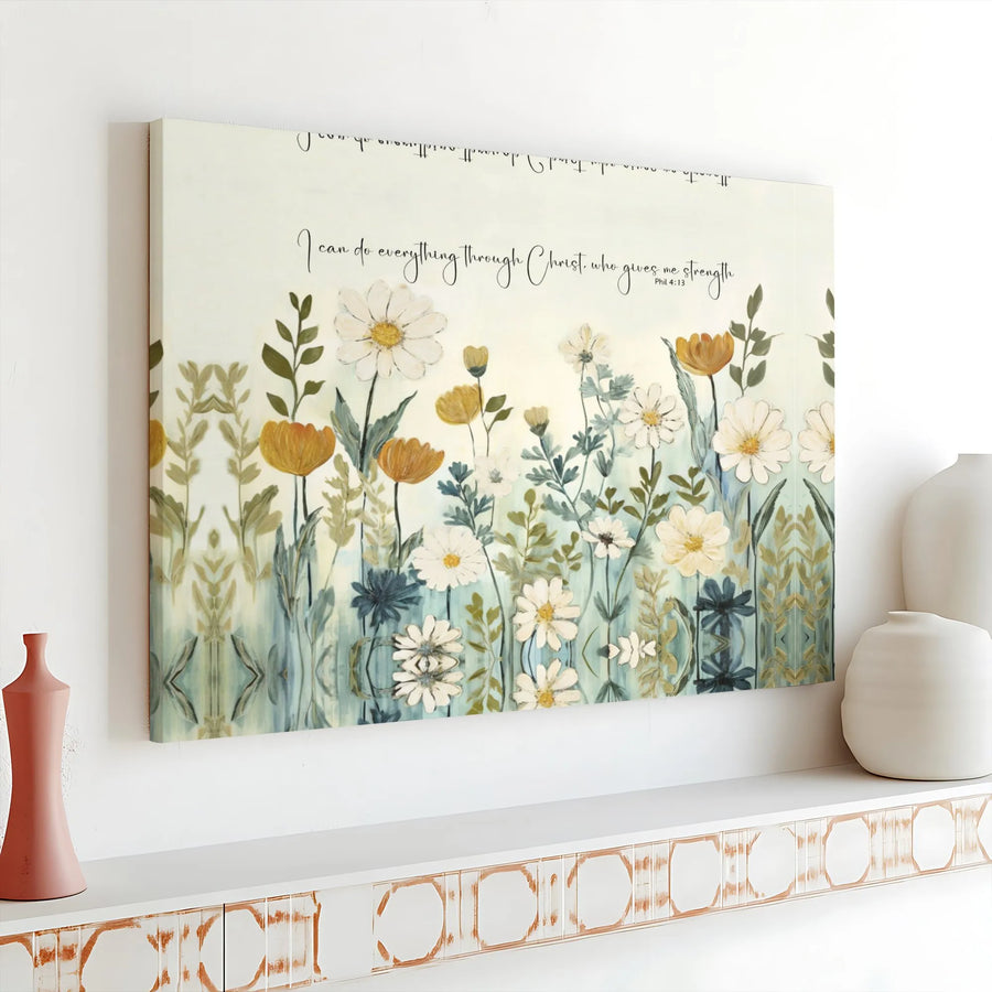 Philippians 4:13 Bible Verse Canvas | Wildflower Floral Wall Art | Premium Gallery Wrap Print | Inspirational Christian Gift for Home Decor