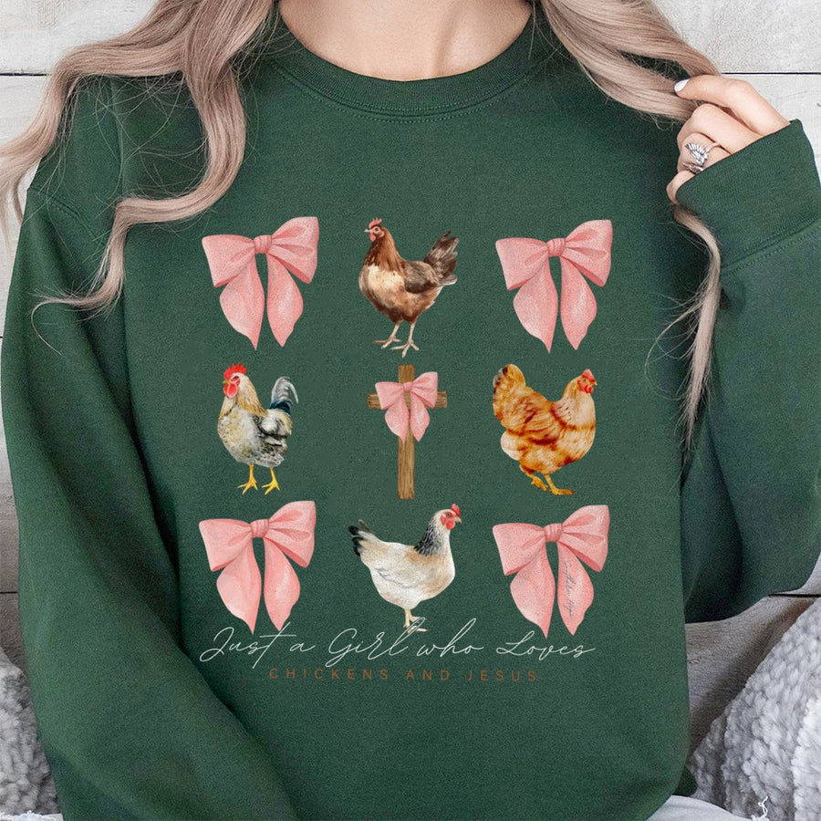 Chickens And Jesus Sweatshirt | Cute Chicken Bow Graphic Design | Premium Cotton Blend | Gift For Farm Girl And Christian Women