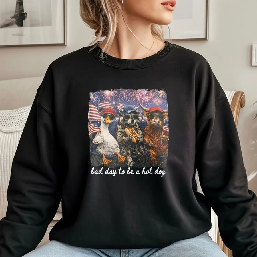 Funny 4th of July Sweatshirt | Bad Day To Be a Hot Dog Graphic | Cozy Cotton Blend | Unisex Patriotic Party Gift