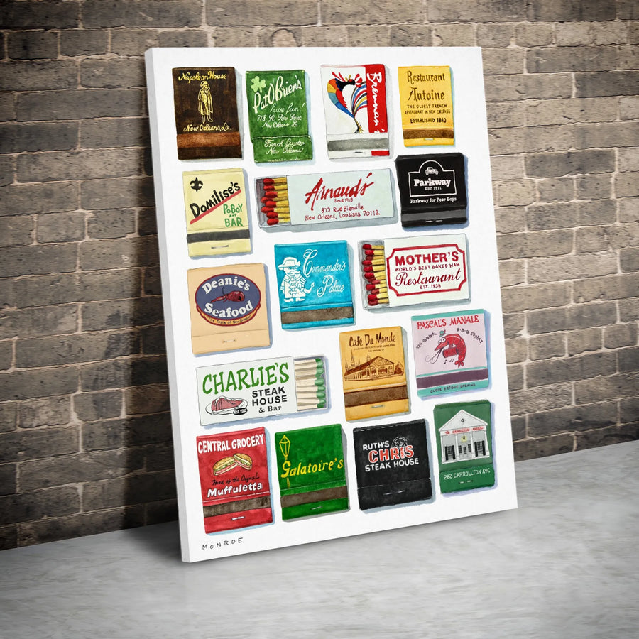 New Orleans Restaurant Matchbooks Canvas Wall Art | Vintage NOLA Foodie Poster | Gallery Wrapped Premium Print | Unique Kitchen Dining Decor Gift