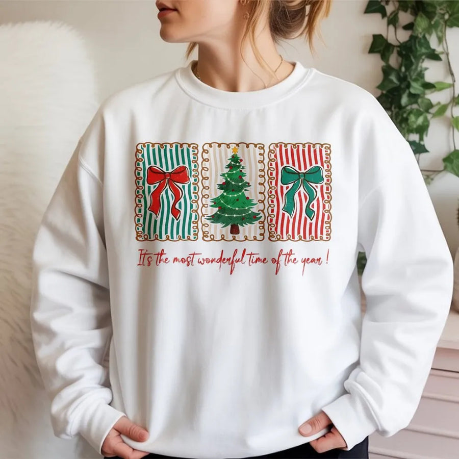 Most Wonderful Time Of The Year Sweatshirt | Retro Christmas Tree Bow Graphic | Premium Cotton Blend Crewneck | Holiday Gift For Women & Teens