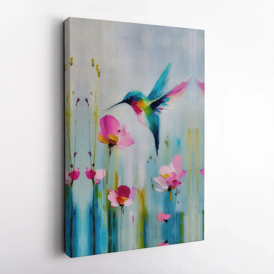 Hummingbird Canvas Wall Art | Vibrant Bird & Abstract Flower Painting | Premium Gallery Wrapped Canvas | Modern Home Decor Gift for Nature Lovers