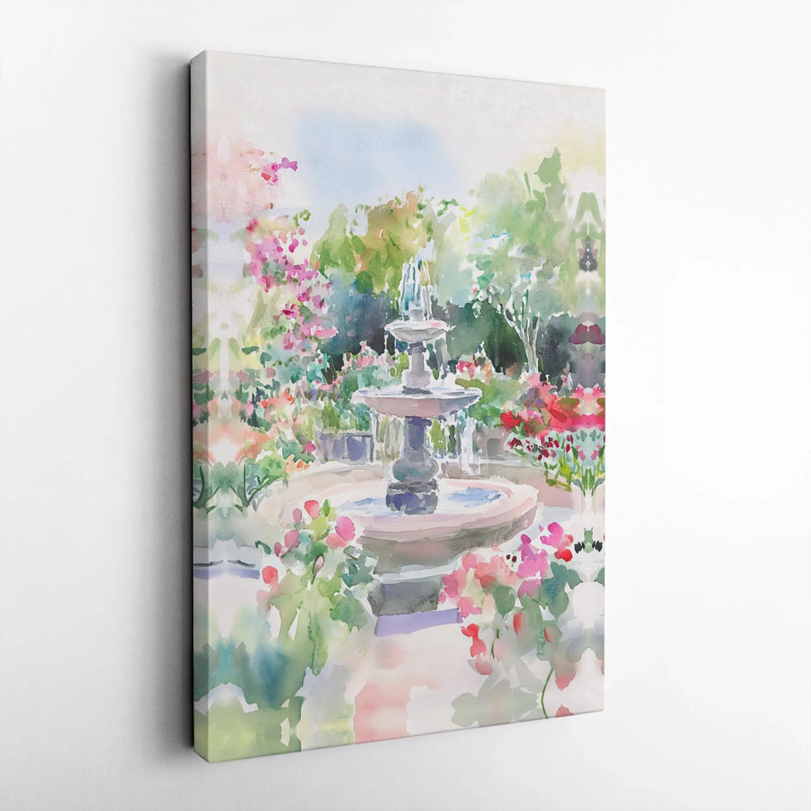 Watercolor Garden Wall Art | Impressionist Floral Fountain Painting | Premium Canvas Print | Botanical Home Decor Gift