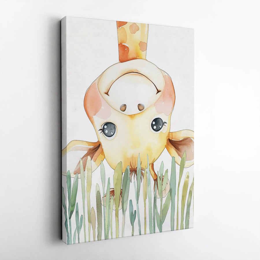 Cute Giraffe Canvas Wall Art | Whimsical Upside Down Watercolor Painting | Premium Gallery Wrapped Canvas | Nursery Decor Gift for Kids