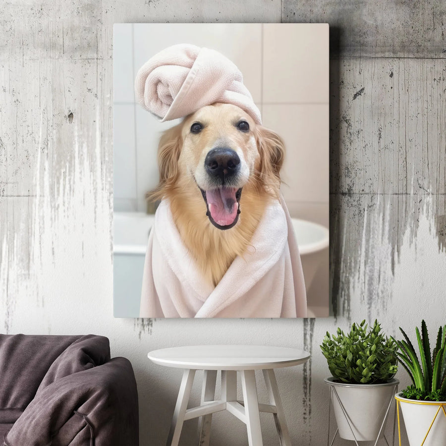 Golden Retriever Canvas Wall Art | Funny Dog in Bathrobe Portrait | Premium Fade-Resistant Print | Cute Animal Bathroom Decor Gift