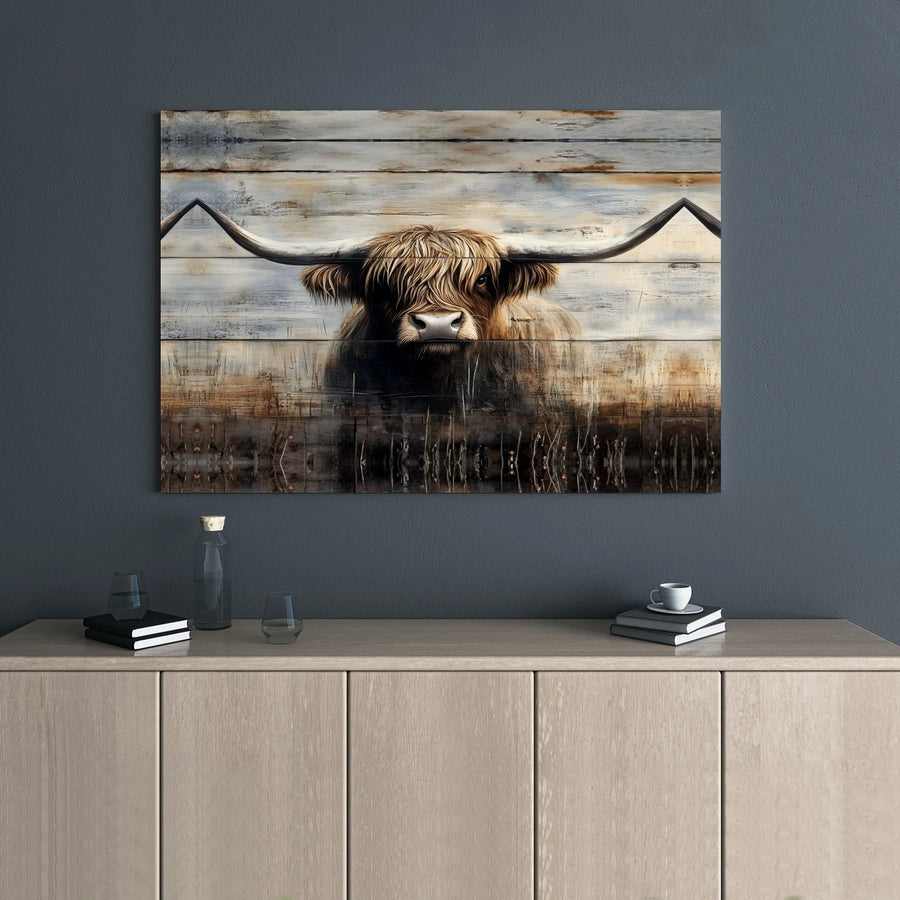 Highland Cow Wall Art | Rustic Farmhouse Peeking Cow Canvas | Premium 1.25" Gallery Wrap | Farm Animal Decor for Living Room Gift
