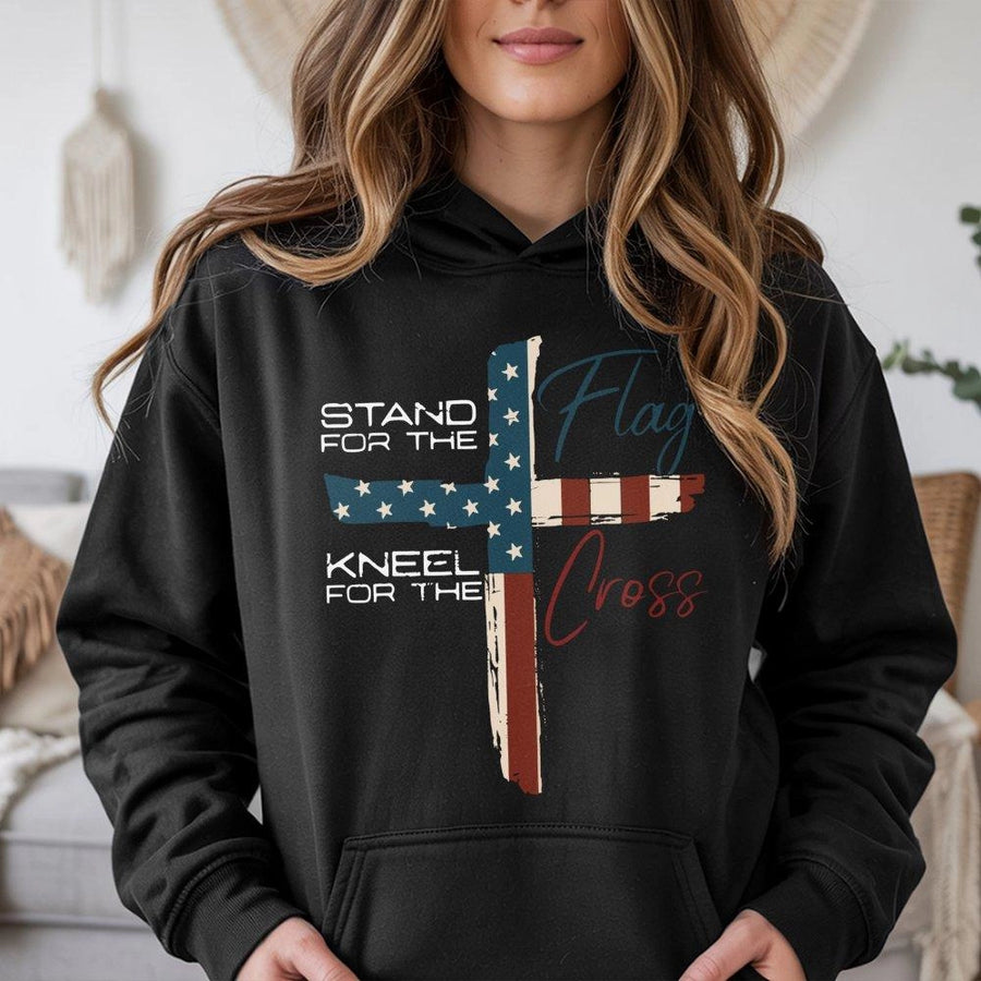 Stand For The Flag Kneel For The Cross Hoodie | Patriotic Christian Graphic Apparel | Soft Cotton Blend Sweatshirt | Faith And Country Gift For Men Women