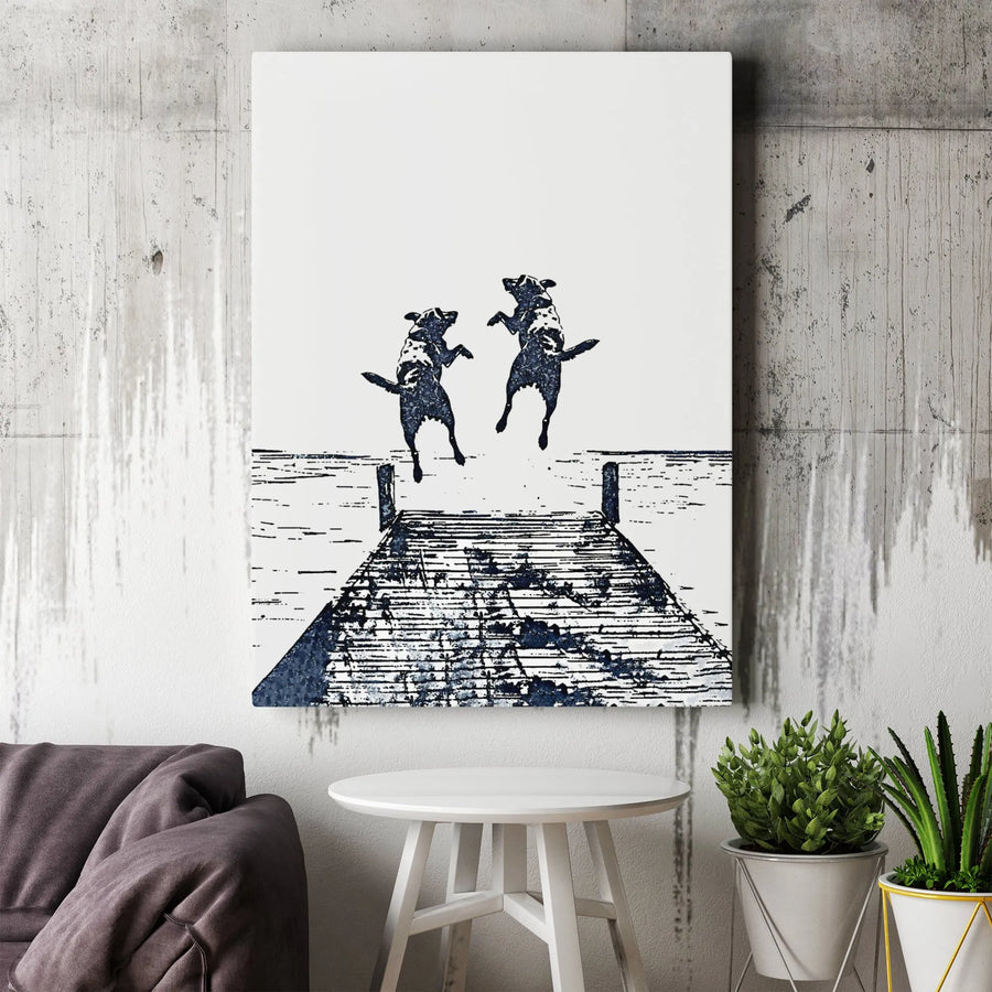 Dog Dock Jumping Wall Art | Playful Labrador Lake Scene Print | Premium Gallery Wrapped Canvas | Gift for Dog Lovers & Pet Owners