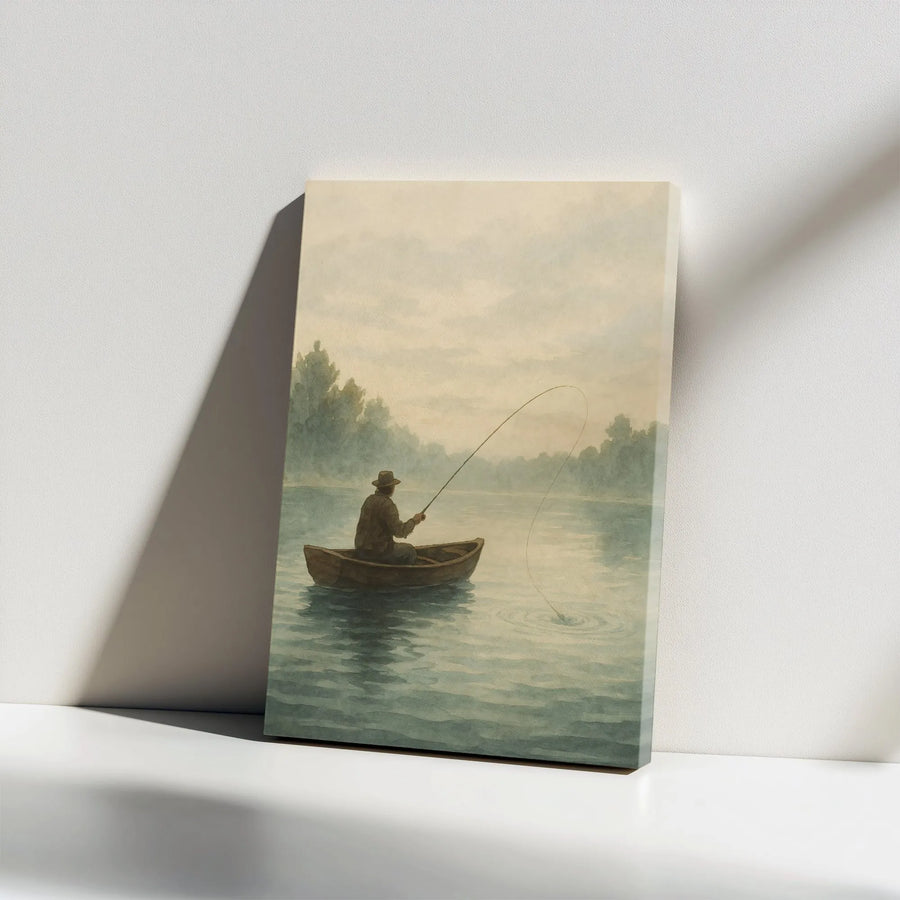 Fisherman Wall Art Canvas | Moody Watercolor Lake Scene | Premium Gallery Wrap | Gift for Fisherman & Rustic Home Decor